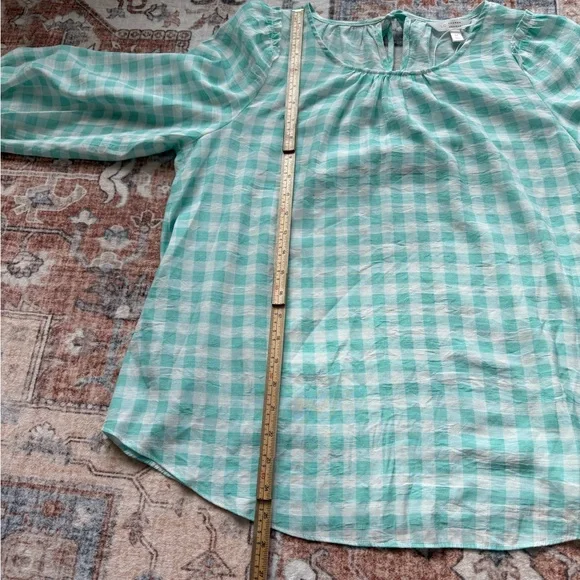 LC Lauren Conrad Aqua Checkered Blouse - Picture 7 of 8